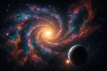 Spiral galaxy and radiant nebula swirling beside a luminous planet deep space vista