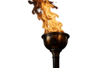 Victory torch held aloft with blazing orange flame against deep blue evening sky