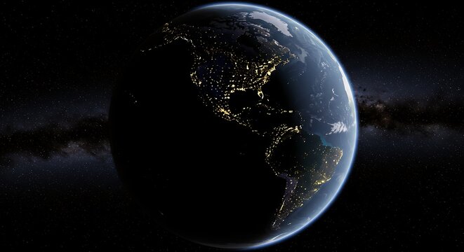 Earth at night illuminated planet in space with city lights visible