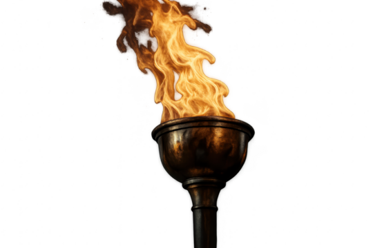 Victory torch held aloft with blazing orange flame against deep blue evening sky