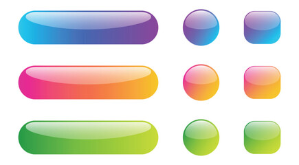 Vector art of assortment of glossy rounded rectangle and circle buttons with vibrant gradients in blue, pink, orange, and green