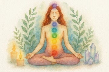 Watercolor meditation silhouette with glowing chakra hues amid plants candles and crystals