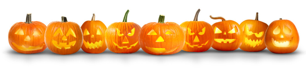 Halloween jack-o-lanterns on white background. Pumpkins with carved spooky faces