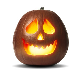 Halloween jack-o-lantern isolated on white. Pumpkin with carved spooky face