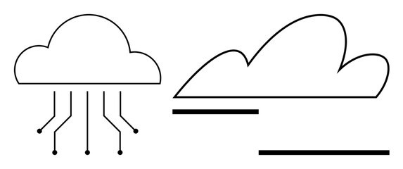 Cloud designs with branching circuit lines and simplified outlines. Ideal for data storage, cloud computing, digital networking, technology, innovation, connectivity, minimalistic tech visual, simple