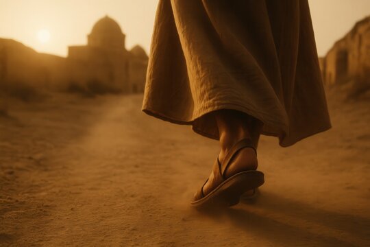 Sandaled feet of a robed traveler on dusty road approaching an ancient walled city