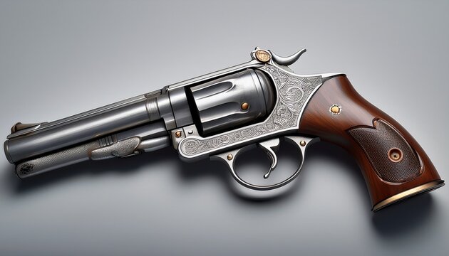 vintage handgun with elongated barrel laid horizontally on a light grey surface metallic silver dark hues possibly aged with wooden grip and oval handle design secure grip ridges present mec