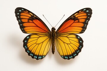 Obraz premium Delicate blue and yellow butterfly with open wings isolated on clean white background