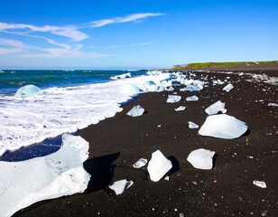 Icebergs on a dark volcanic beach