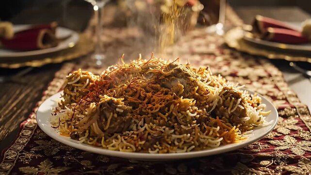 savory steaming biryani sprinkled spices