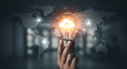 Person holding illuminated light bulb with world map and networking connections