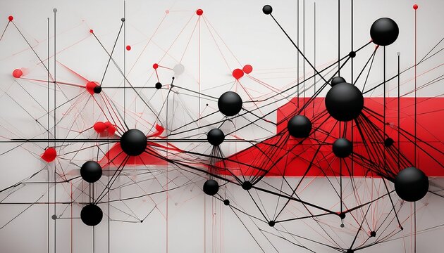 abstract network visualization red and black nodes interconnected by clean lines mathematical complexity rendered with minimalist elegance for computer science data visualization ai concepts