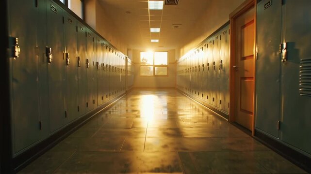 a long school hallway with identical lockers and doors