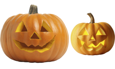 Two spooky carved Halloween Jack o'lanterns on a transparent background PNG image