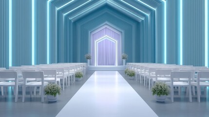 Obraz premium wedding digital style Modern wedding venue featuring elegant blue decor and a stylish aisle for ceremonies.