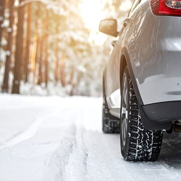 Snowy Road and Car in Winter.