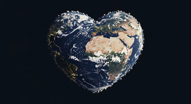 Earth shaped as a heart floating in space showing continents and oceans - Powered by Adobe