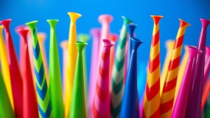Colorful party horns arranged in a vibrant pattern, evoking festive celebration and joy.