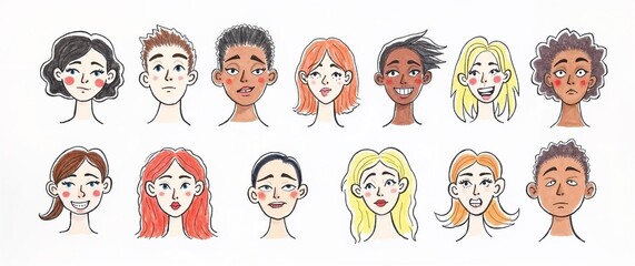 Diverse illustrated faces of young adults with various facial expressions  