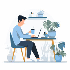 Minimal flat vector of young man working with laptop and coffee cup at desk depicting productivity modern workspace freelance and education theme
