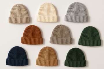 Set of colorful knitted beanie hats arranged on white winter fashion accessories