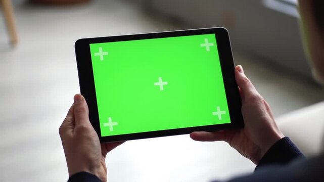 Over-the-Shoulder Shot of a Person Holding a Tablet with a Green Screen and Tracking Markers