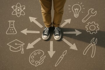 Teen choosing career path standing on chalk arrows crossroads top view decision concept