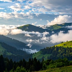 Misty mountain valley at sunrise, lush green hills and valleys, partly cloudy sky