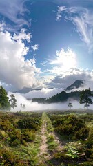 Misty mountain path leading through low vegetation towards sunlit peaks