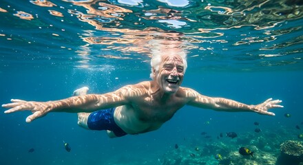 Senior man swimming underwater with arms outstretched in clear ocean