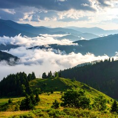 Misty mountain valley at sunrise, showcasing rolling hills, lush green pastures, and a dense evergreen forest