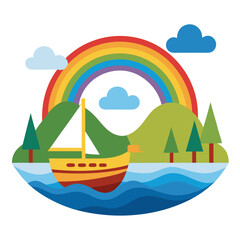 Obraz premium Vibrant sailboat glides across blue waters under a colorful rainbow with rolling green hills and playful clouds creating a whimsical, joyful journey scene
