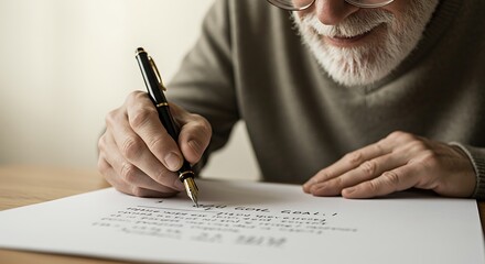 Senior man writing on paper with pen close up and soft lighting