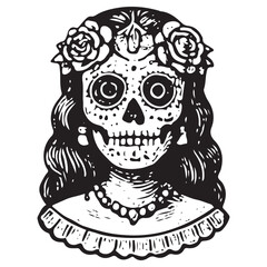 Vintage Day of the Dead Floral Catrina Skull Illustration