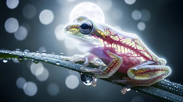 Magical Translucent Glass Frog Glowing on a Wet Leaf.