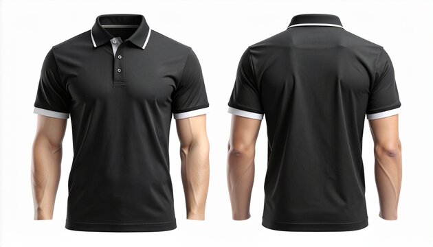 Men's black polo shirt template with white accents, shown from the front and back on an isolated background