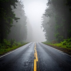 Misty road disappearing into dense, foggy forest