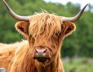 Highland cow portrait in a grassy field