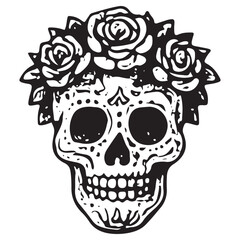 Vintage Day of the Dead Floral Crown Skull Illustration