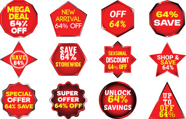 Collection of twelve red sale discount badges with text and 64 percent off offer