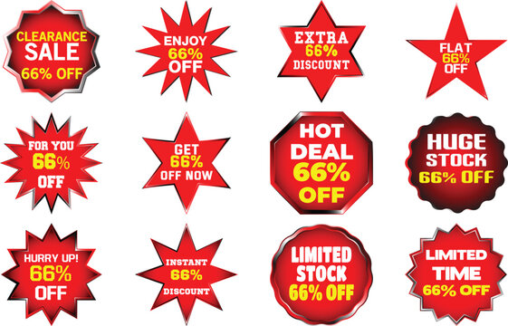 Red and yellow sale discount tags and labels with 66 percent off text vector