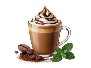 Rich chocolate mocha coffee beverage with whipped cream and mint garnish