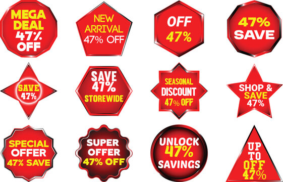 Collection of Red Sale Discount Badges and Labels with 47 Percent Off Text offer promotion