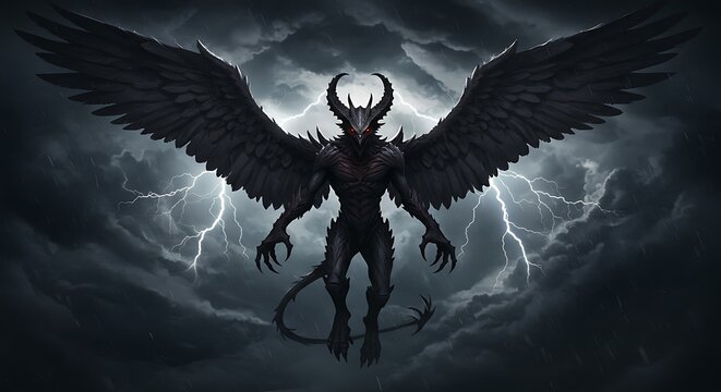 Dark winged creature with horns soaring in stormy sky illustration