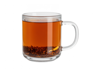 Refreshing hot tea in a clear glass mug steaming brewed beverage