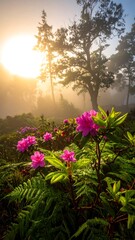 Misty sunrise illuminates vibrant pink flowers and lush green foliage in a forest setting