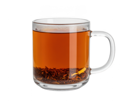 Refreshing hot tea in a clear glass mug steaming brewed beverage