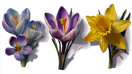 Naklejka premium Set of vector spring flowers crocuses and daffodils, isolated on a white background, in a top view