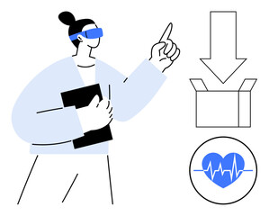 Woman wearing AR glasses holding clipboard, pointing to arrow, opened box, and heart monitor representing technology integration, healthcare, innovation, logistics. Ideal for technology, health