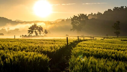 Misty sunrise over a field of tall grass with a fence leading into the distance